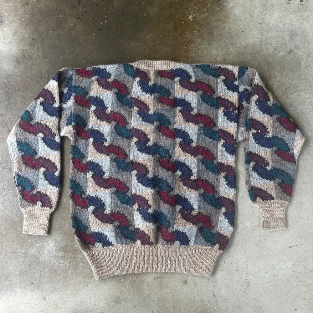 Bullock & Jones Sweater Mens Large Tan Excellent Handknit Alpaca Wool Geometric